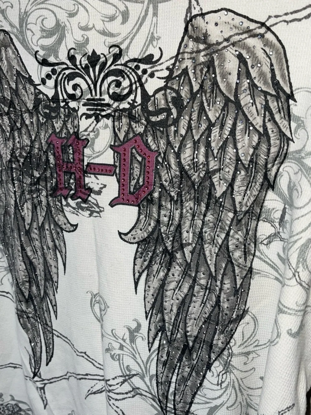 Harley-Davidson White 3/4 Sleeve Tee with Rhinestones and Wings Sz 2X - Picture 7 of 8